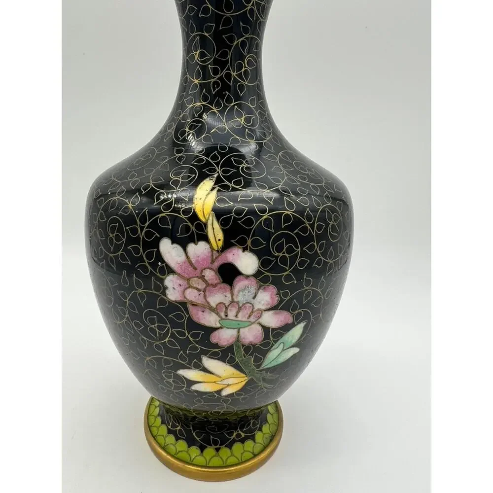 Vintage MCM‎ Black & Gold Chinese Asian Cloisonne Metal Vase 8 1/4
